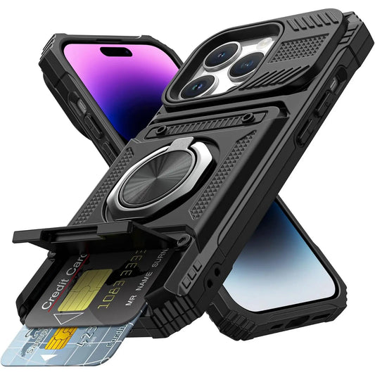 Premium Wallet Phone Case for iPhone 17 Pro Max, 16, 16E, 15, 14, 13, 12, 11 Pro Max - Features Card Holder for 2 Cards and 360° Magnetic Rotatable Ring Stand, Heavy Duty Protection for Men and Women